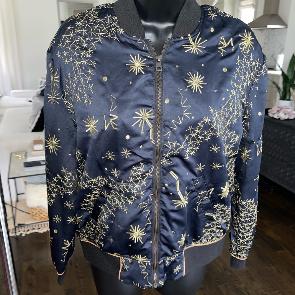New with tags- Silence + Noise- Navy& Gold Satin Embroidered Bomber Jacket